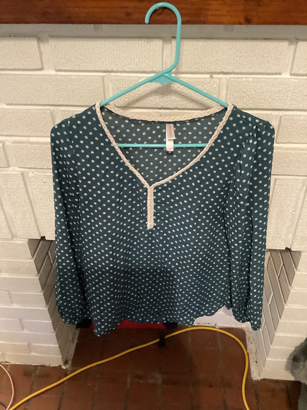 Xhilaration Teal Polka Dot Long-Sleeve Peasant Blouse with Cream Trim